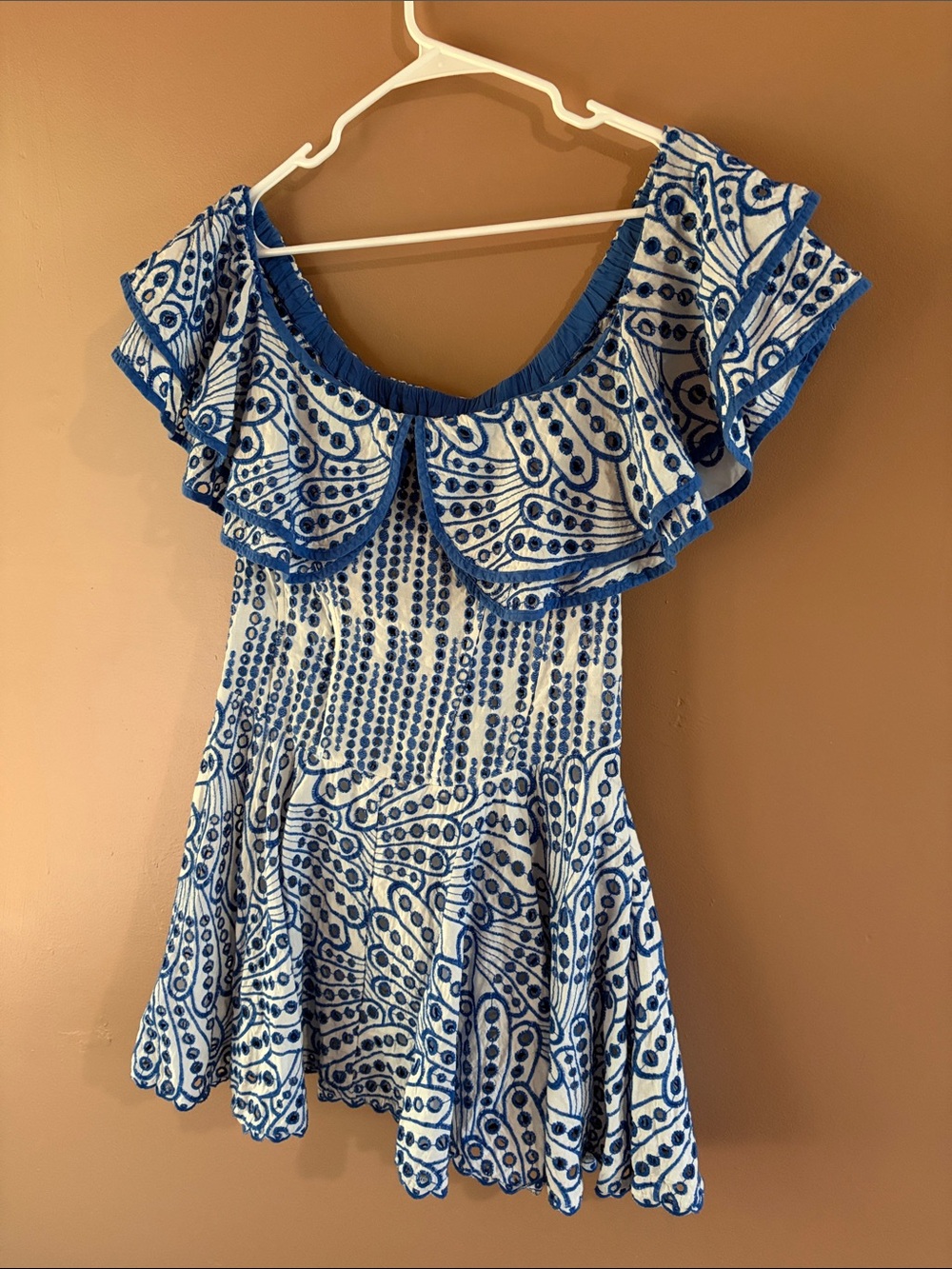 Blue and White Ruffled Off-Shoulder Dress